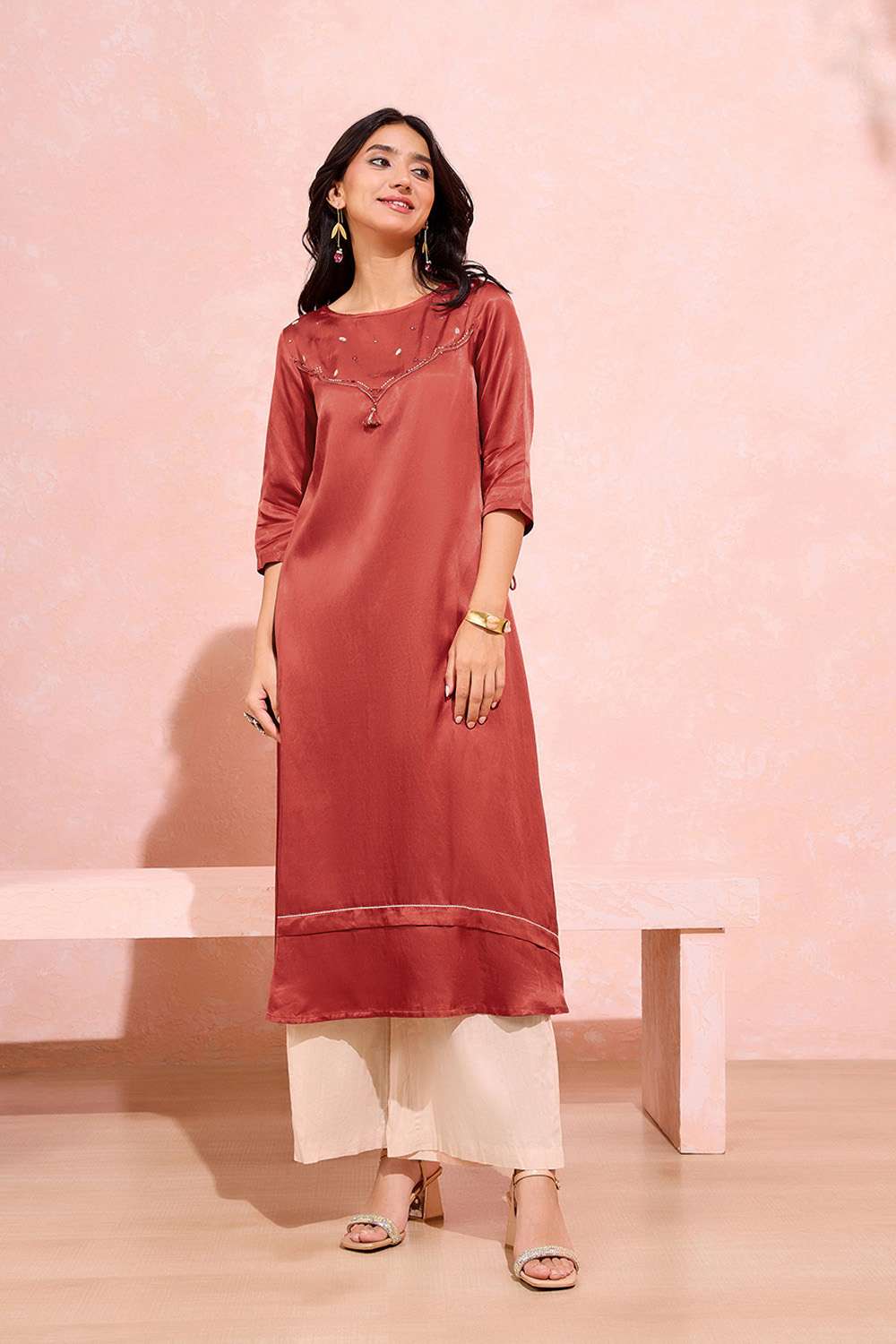 Dark Orange Viscose Cotton Embroidered Kurta Set image number null