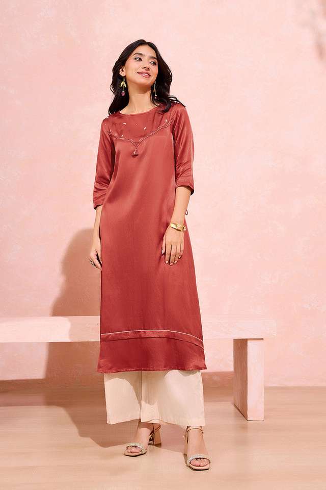 Dark Orange Viscose Cotton Embroidered Kurta Set thumbnail image number null