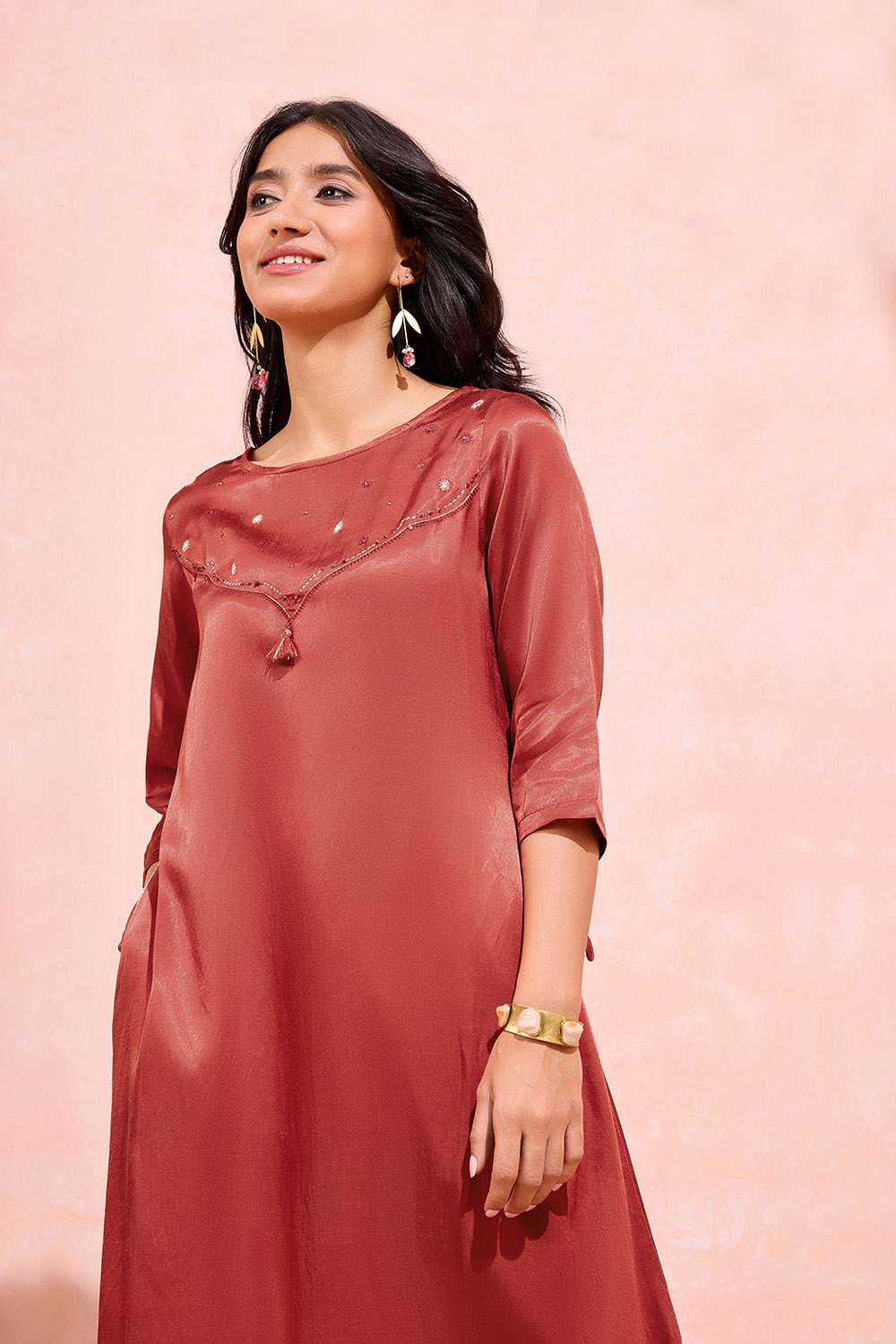 Dark Orange Viscose Cotton Embroidered Kurta Set image number null