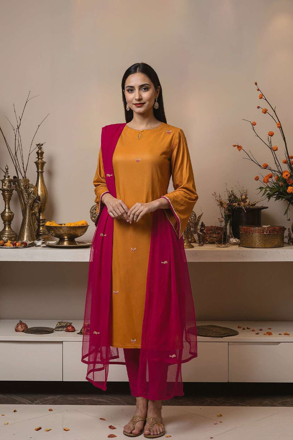 Orange Viscose Embroidered Kurta Set image number null
