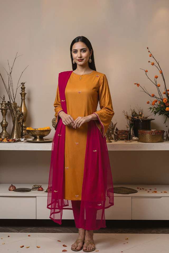 Orange Viscose Embroidered Kurta Set