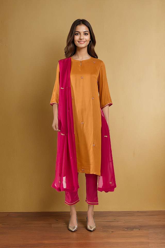 Orange Viscose Embroidered Kurta Set thumbnail image number null