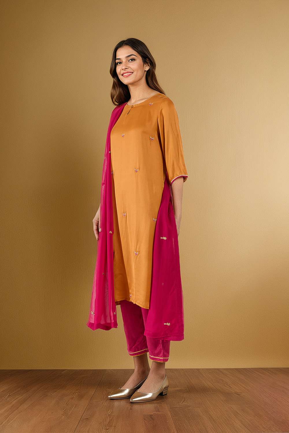 Orange Viscose Embroidered Kurta Set image number null