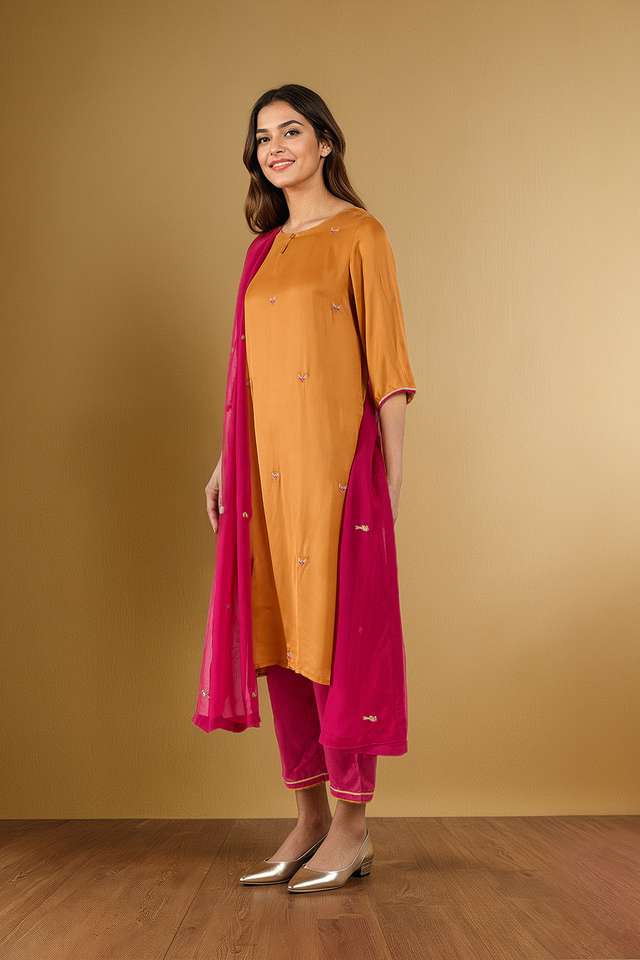 Orange Viscose Embroidered Kurta Set thumbnail image number null