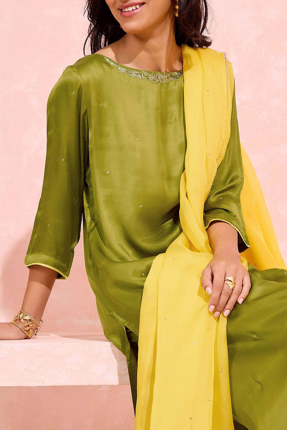 Green Viscose Embroidered Kurta Set image number null