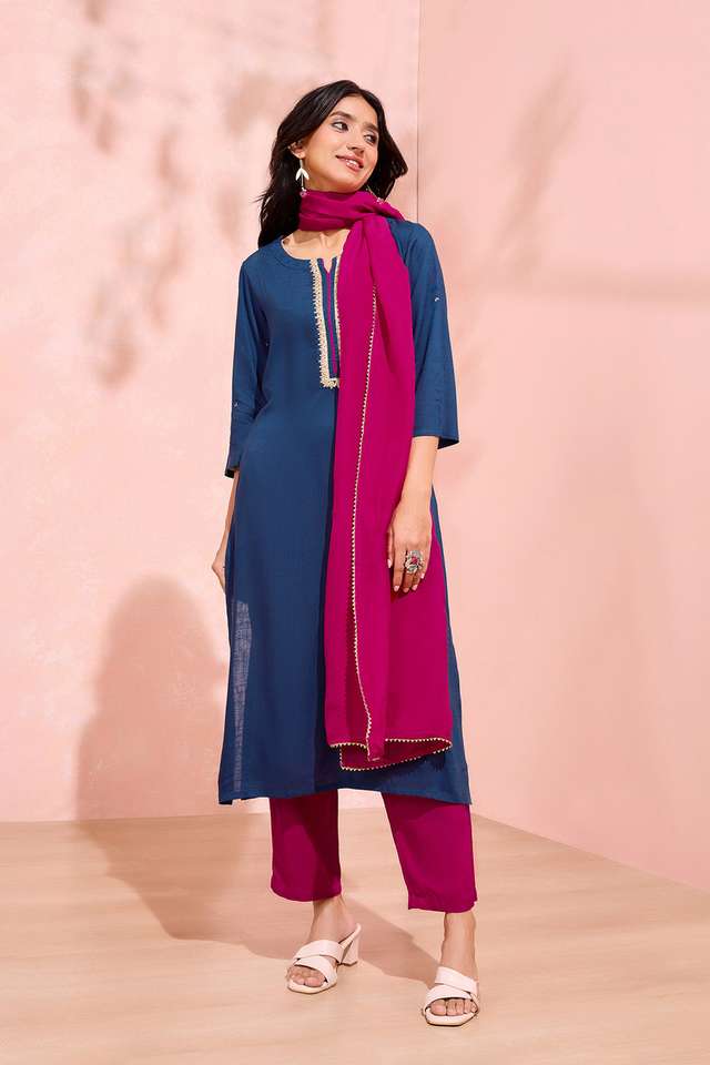 Blue Viscose Embroidered Kurta Set image number