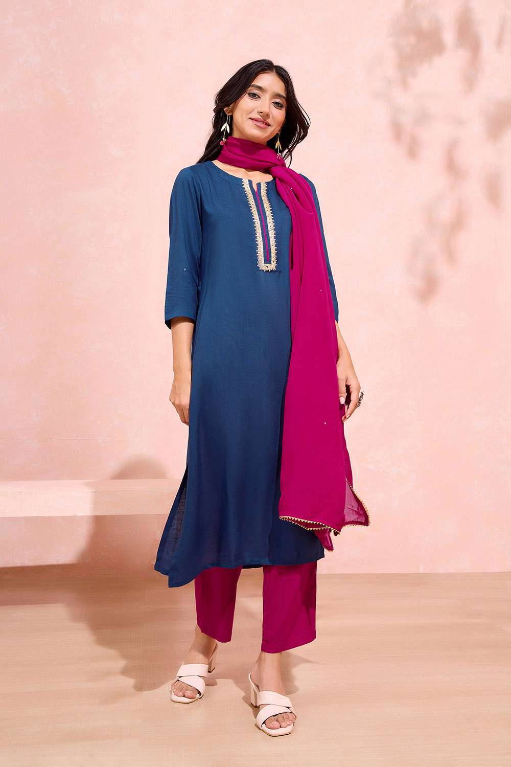 Blue Viscose Embroidered Kurta Set image number null