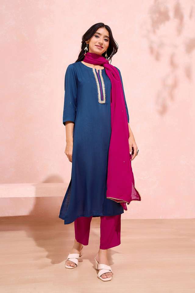 Blue Viscose Embroidered Kurta Set thumbnail image number null