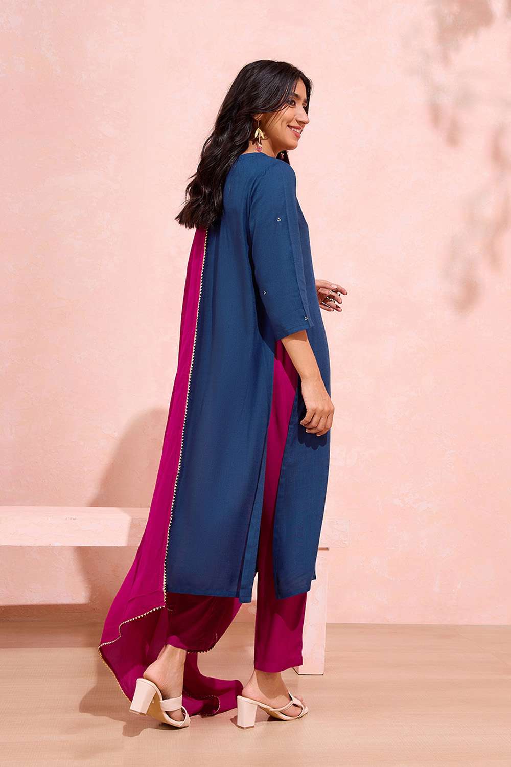 Blue Viscose Embroidered Kurta Set image number null