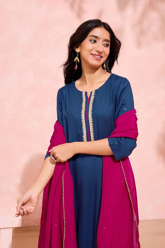 Blue Viscose Embroidered Kurta Set thumbnail image number null
