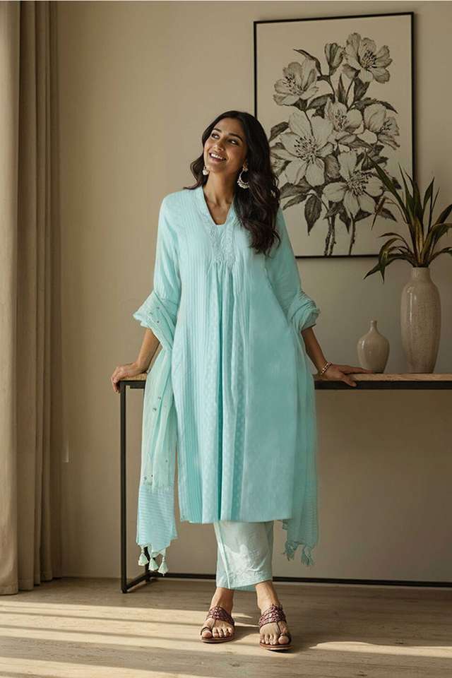 Light Blue Cotton Viscose Cutwork Kurta Set image number