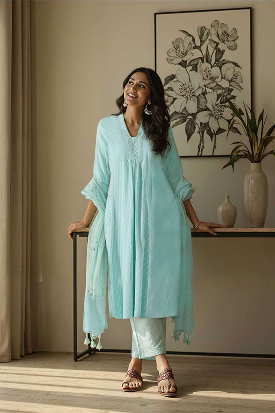 Light Blue Cotton Viscose Cutwork Kurta Set