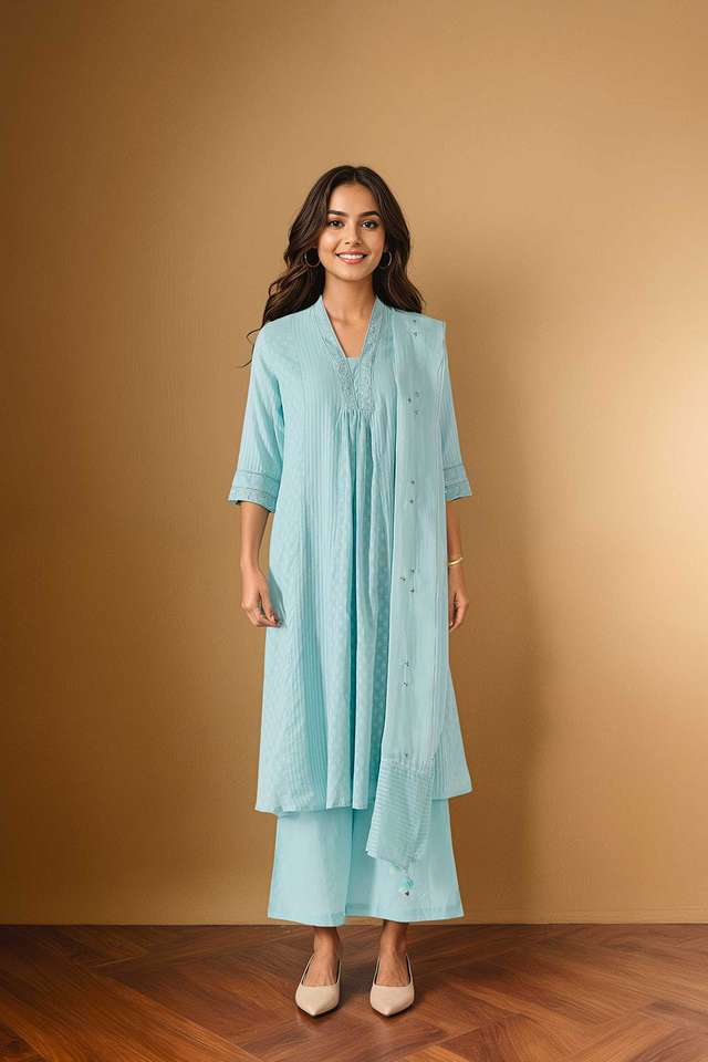 Light Blue Cotton Viscose Cutwork Kurta Set thumbnail image number null