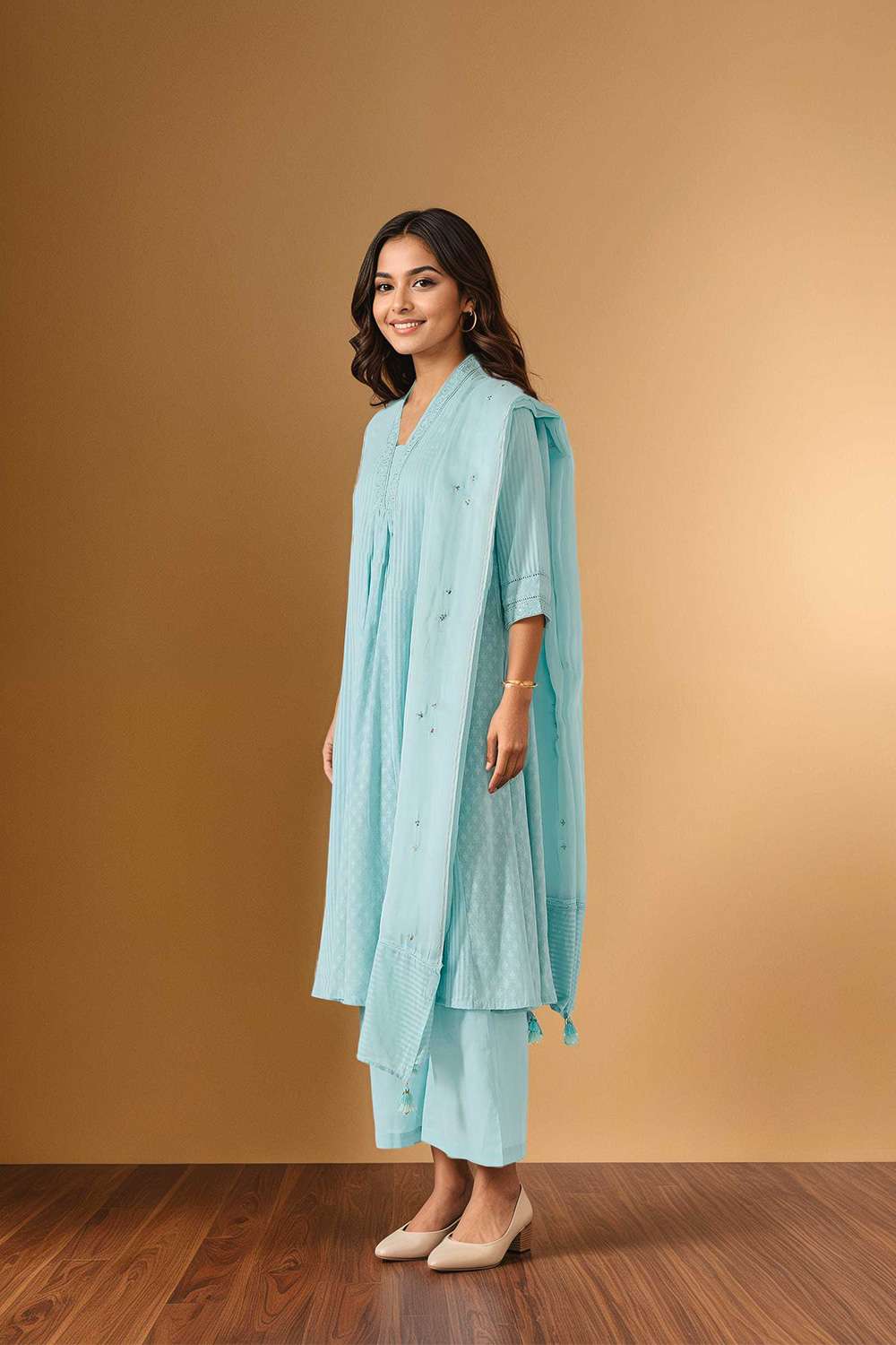 Light Blue Cotton Viscose Cutwork Kurta Set image number null
