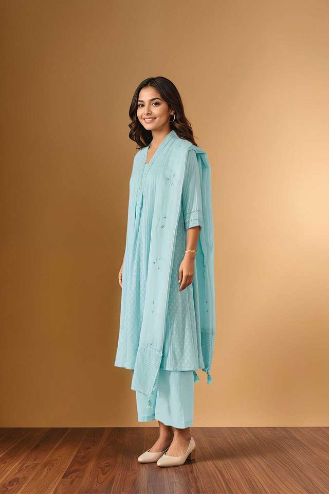 Light Blue Cotton Viscose Cutwork Kurta Set thumbnail image number null