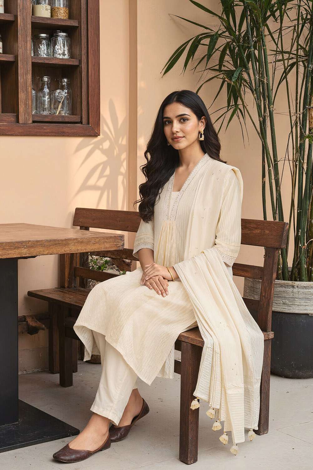 Off White Cotton Viscose Cutwork Kurta Set image number null