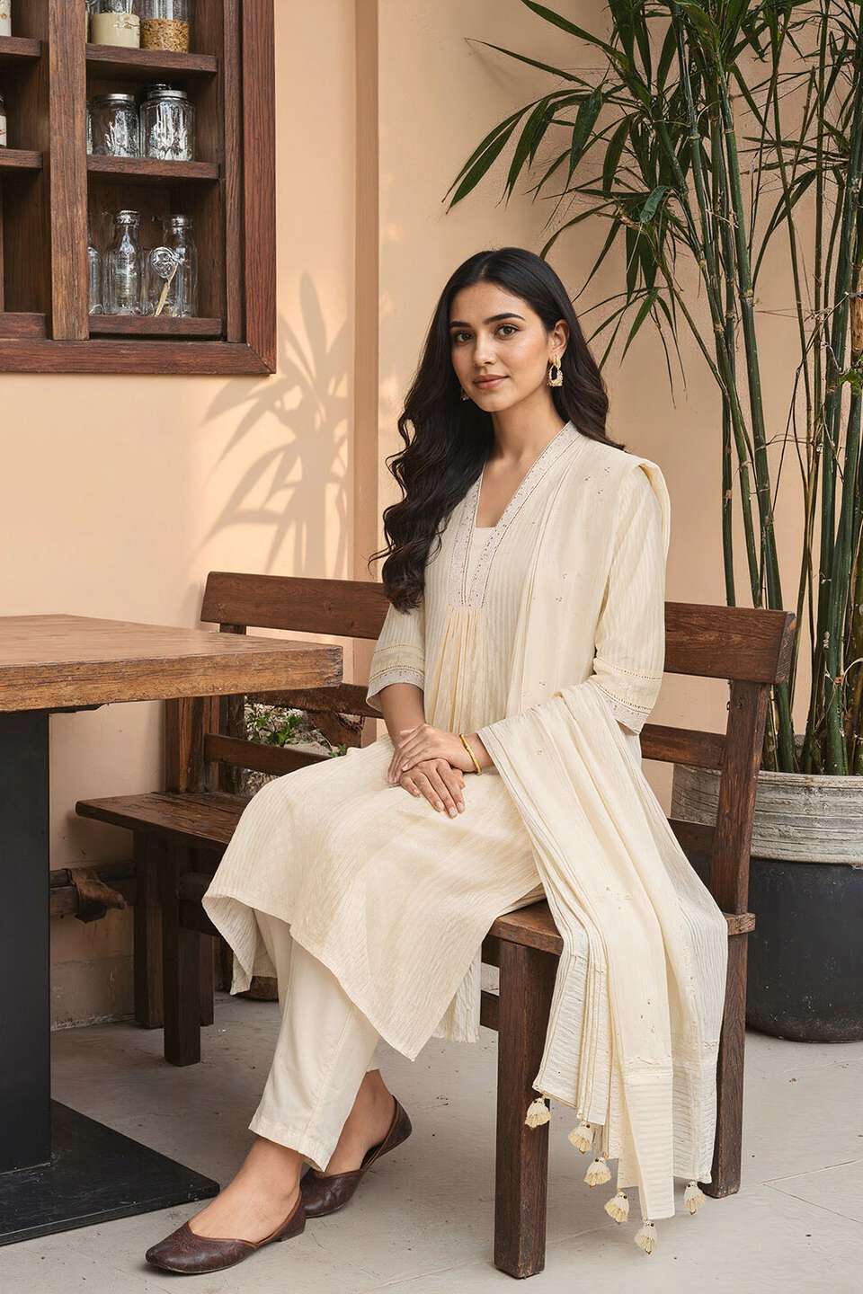 Off White Cotton Viscose Cutwork Kurta Set