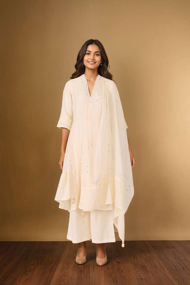 Off White Cotton Viscose Cutwork Kurta Set thumbnail image number null