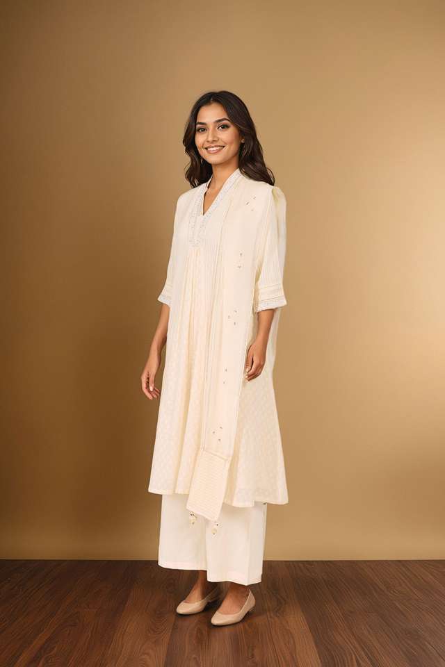 Off White Cotton Viscose Cutwork Kurta Set thumbnail image number null