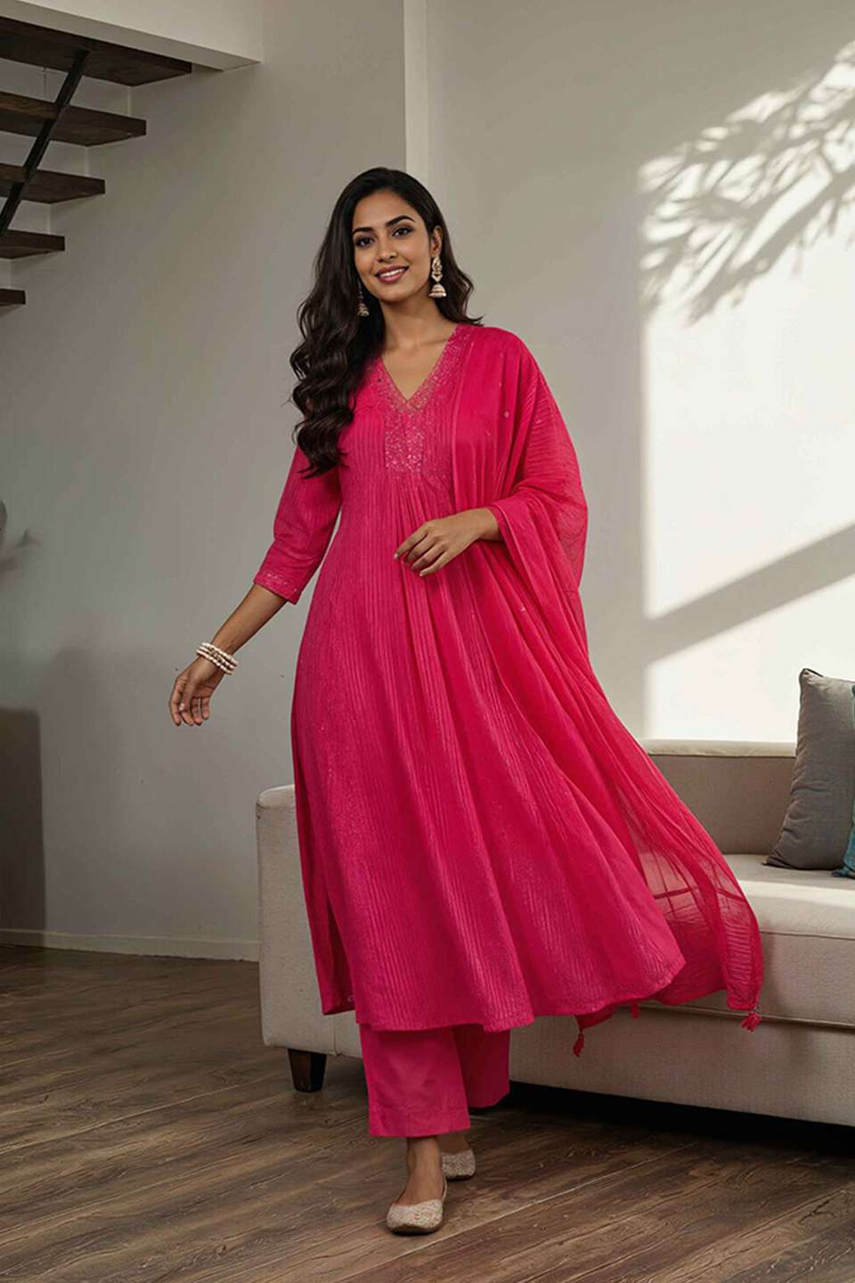 Pink Cotton Viscose Cutwork Kurta Set