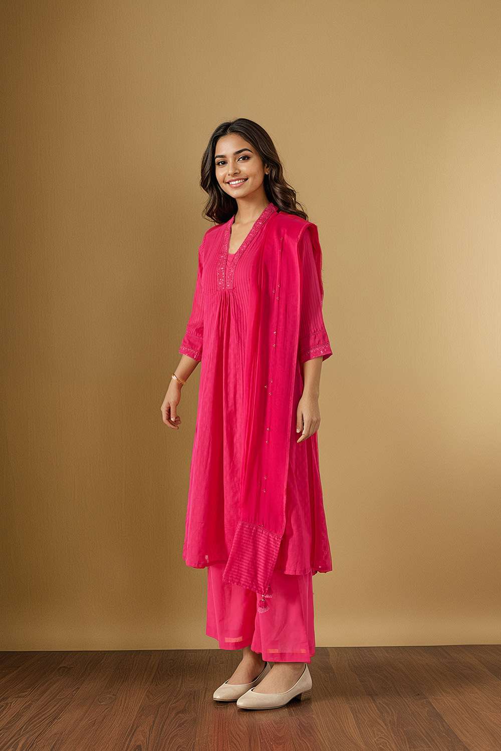 Pink Cotton Viscose Cutwork Kurta Set image number null