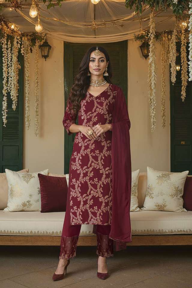 Dark Red Brocade Viscose Kurta Set image number