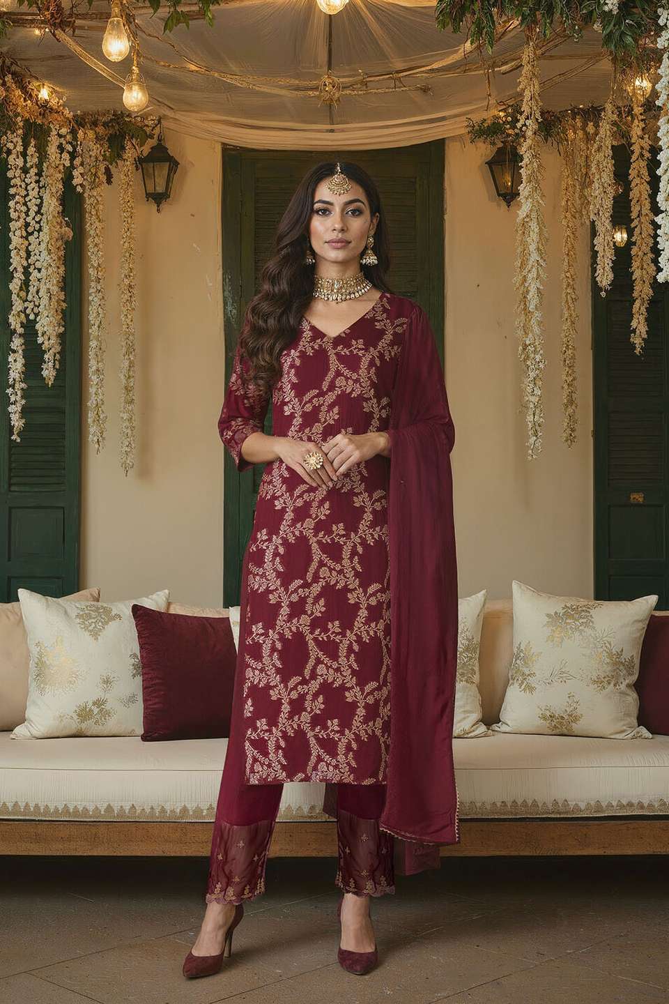 Dark Red Brocade Viscose Kurta Set