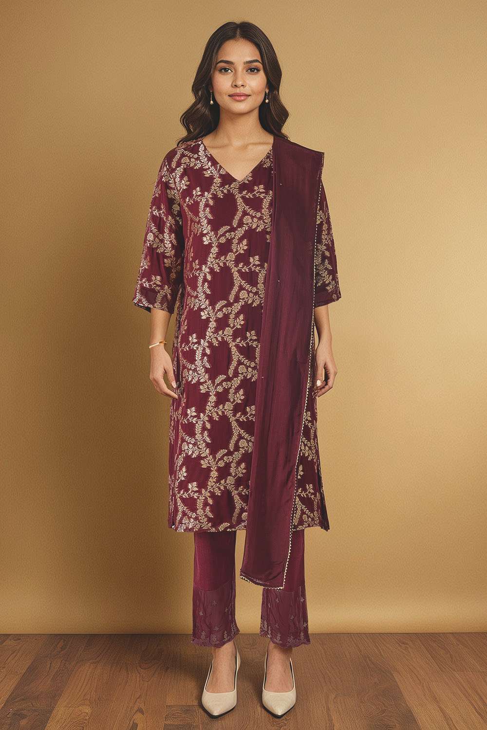 Dark Red Brocade Viscose Kurta Set image number null