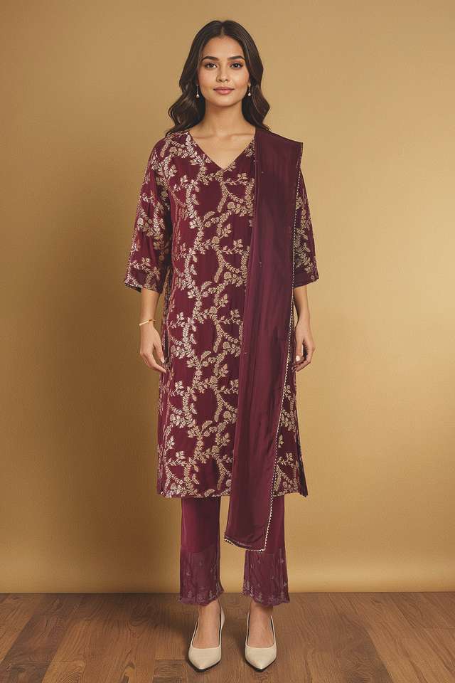 Dark Red Brocade Viscose Kurta Set thumbnail image number null