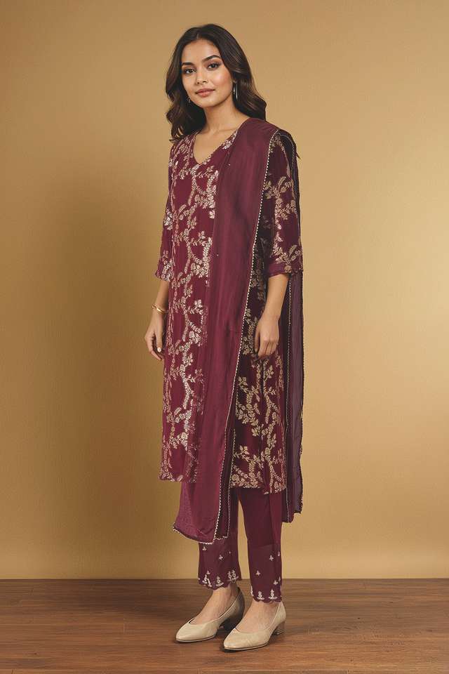 Dark Red Brocade Viscose Kurta Set thumbnail image number null