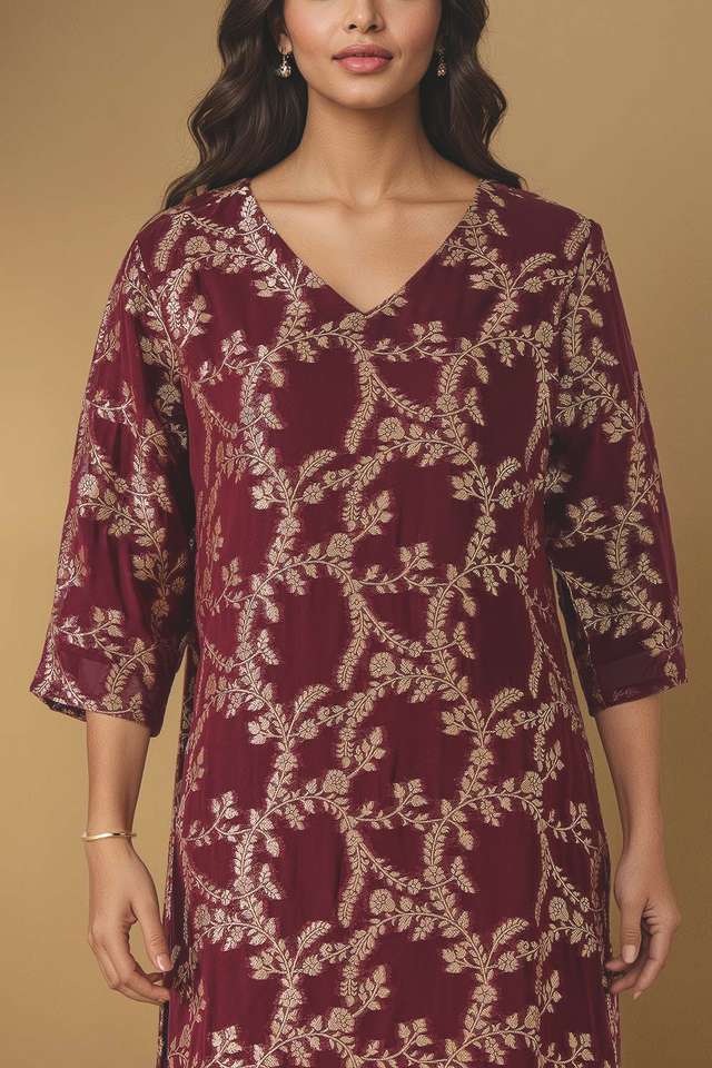 Dark Red Brocade Viscose Kurta Set thumbnail image number null