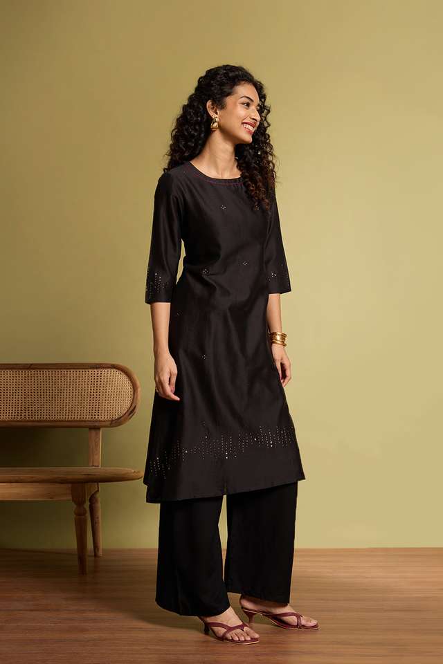 Black Pure Silk Cotton Mukaish Embroidered Kurta Set image number
