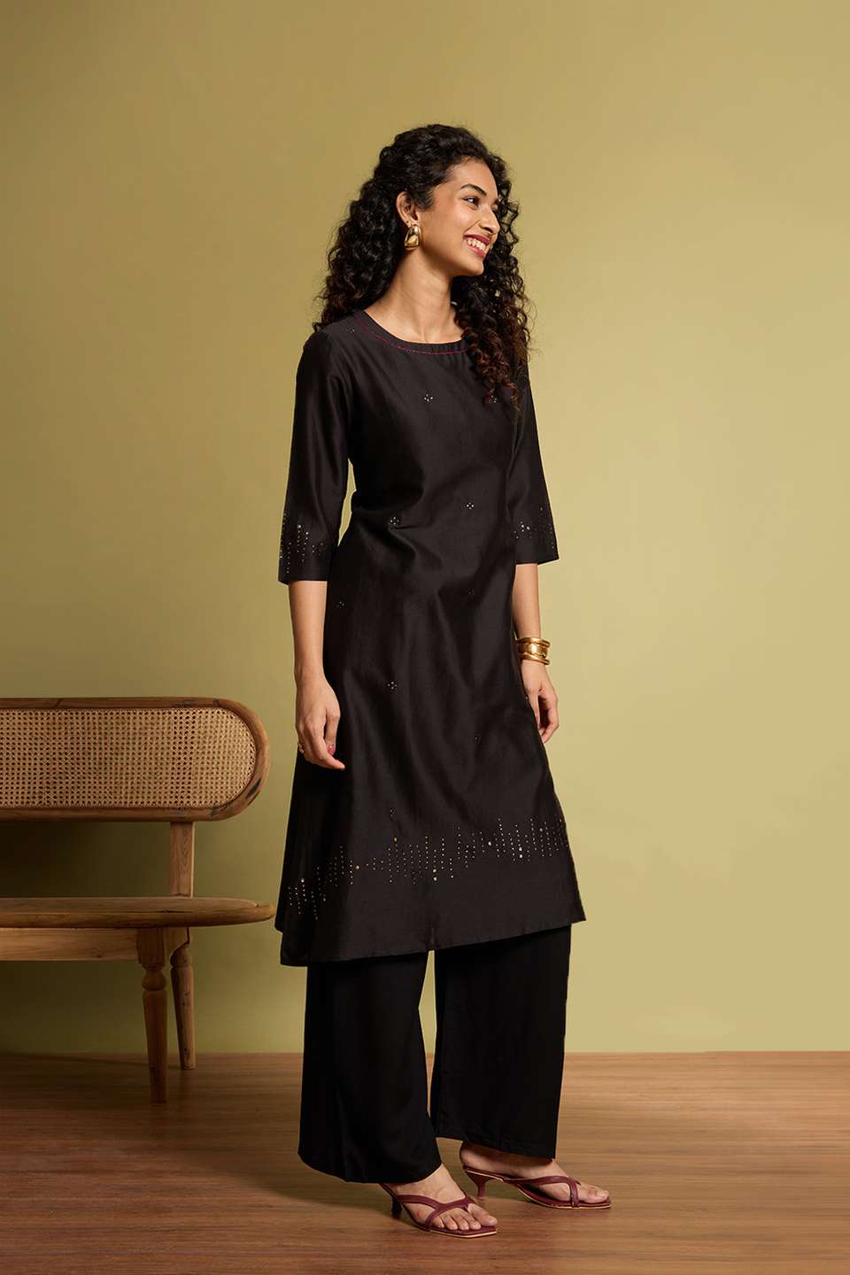 Black Pure Silk Cotton Mukaish Embroidered Kurta Set