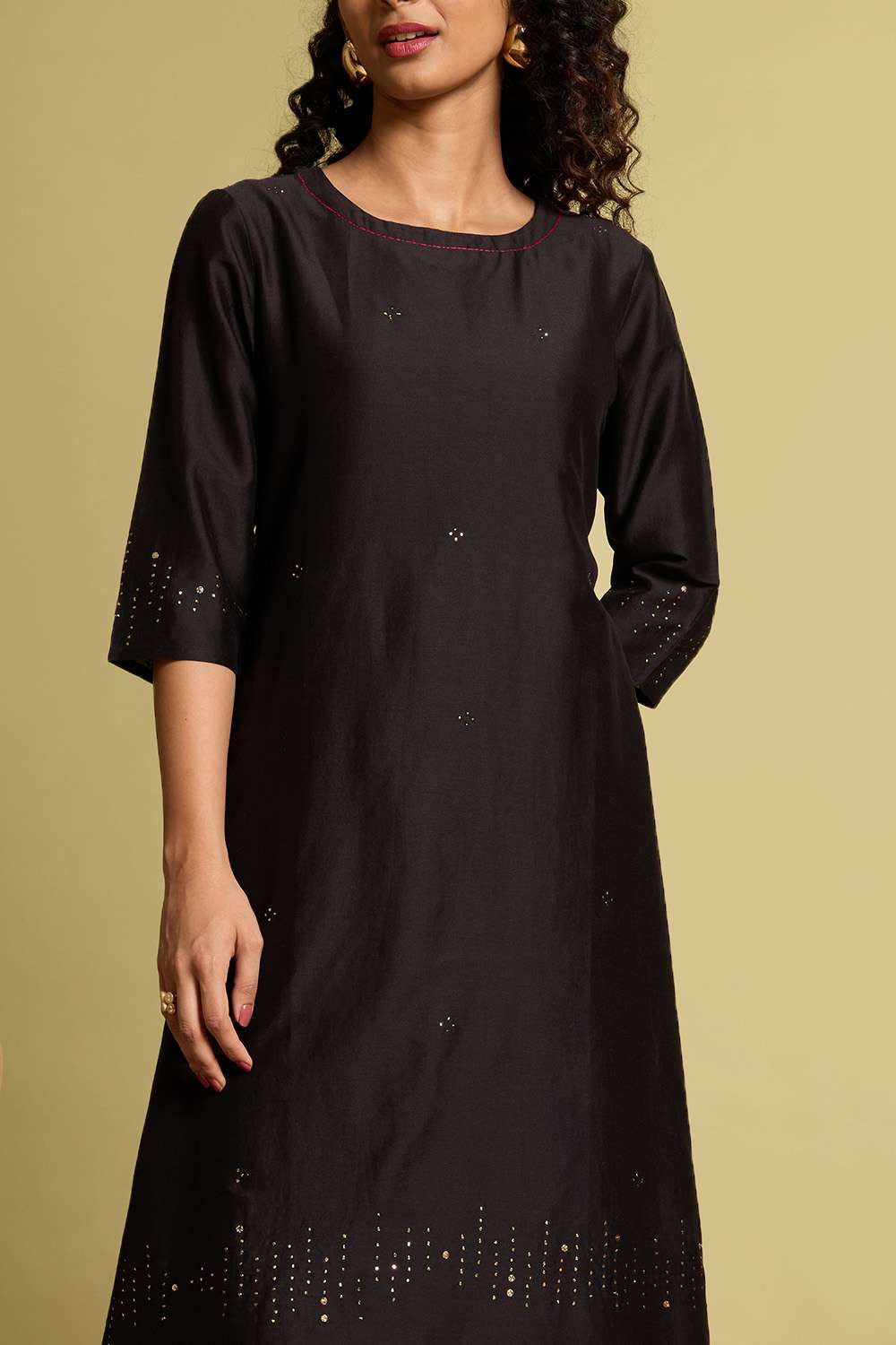 Black Pure Silk Cotton Mukaish Embroidered Kurta Set image number null