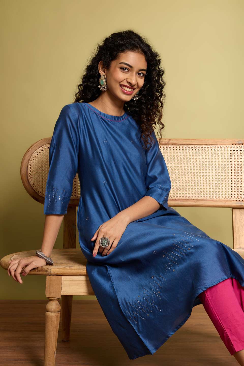 Blue Pure Silk Cotton Mukaish Embroidery Kurta Set