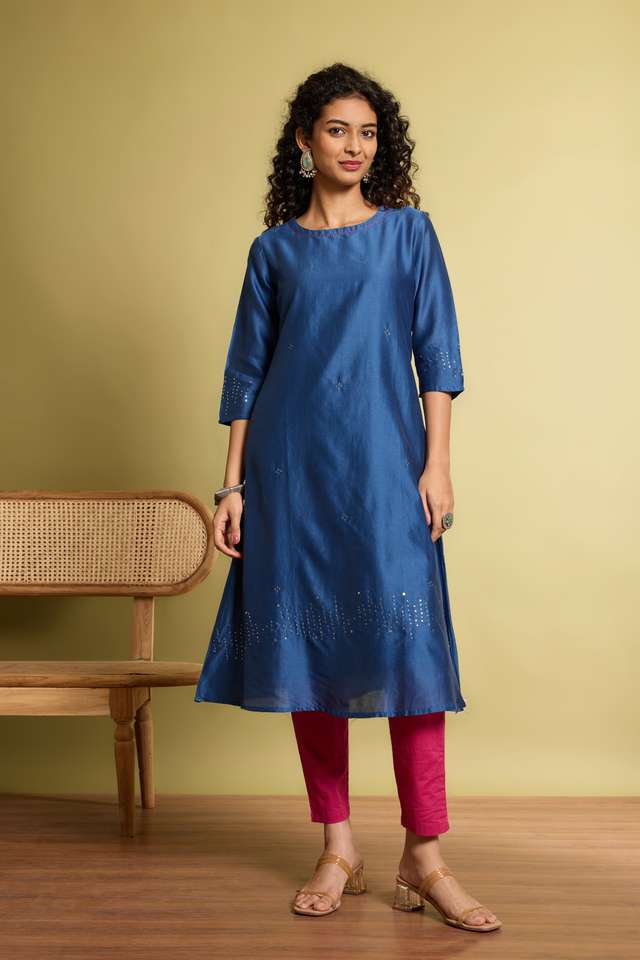 Blue Pure Silk Cotton Mukaish Embroidery Kurta Set thumbnail image number null