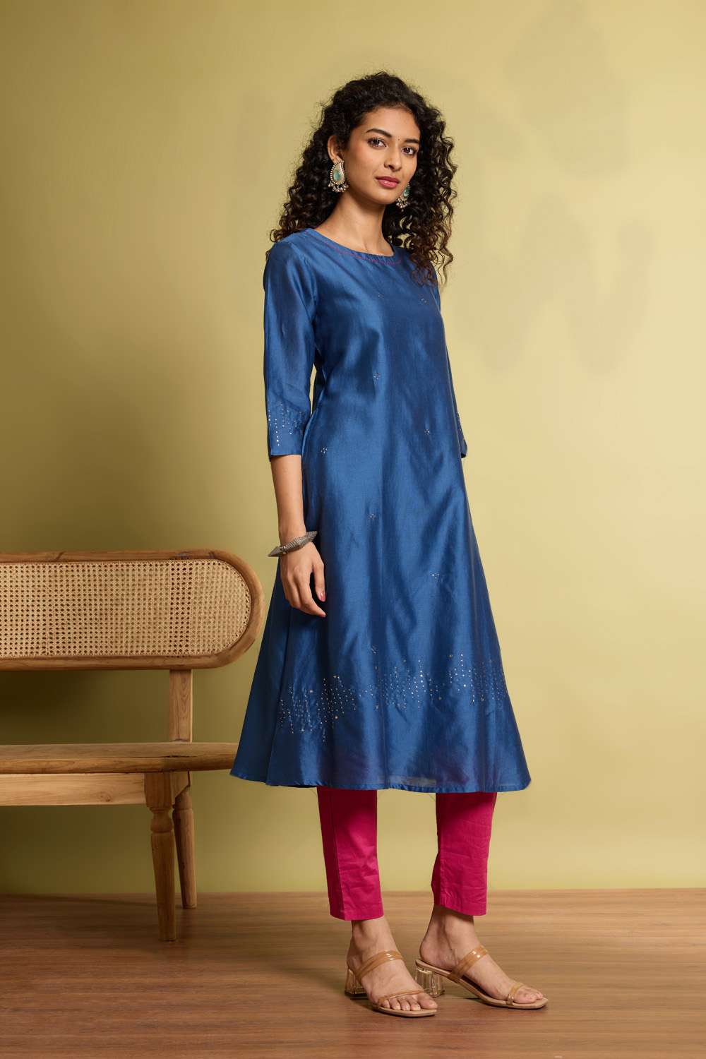 Blue Pure Silk Cotton Mukaish Embroidery Kurta Set image number null