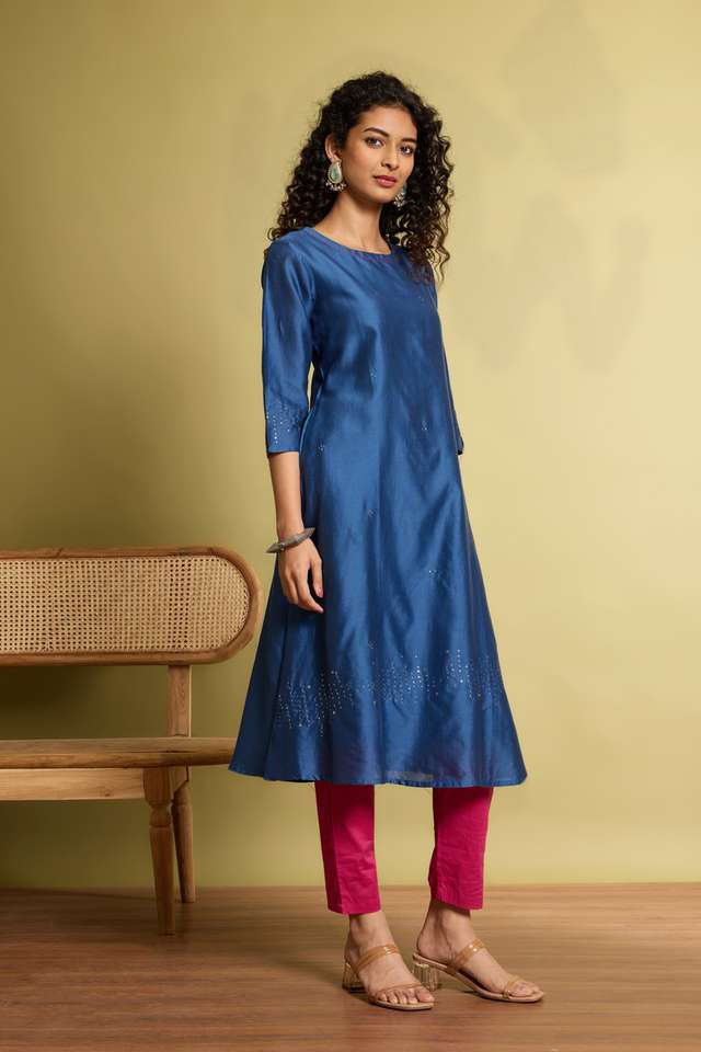 Blue Pure Silk Cotton Mukaish Embroidery Kurta Set thumbnail image number null