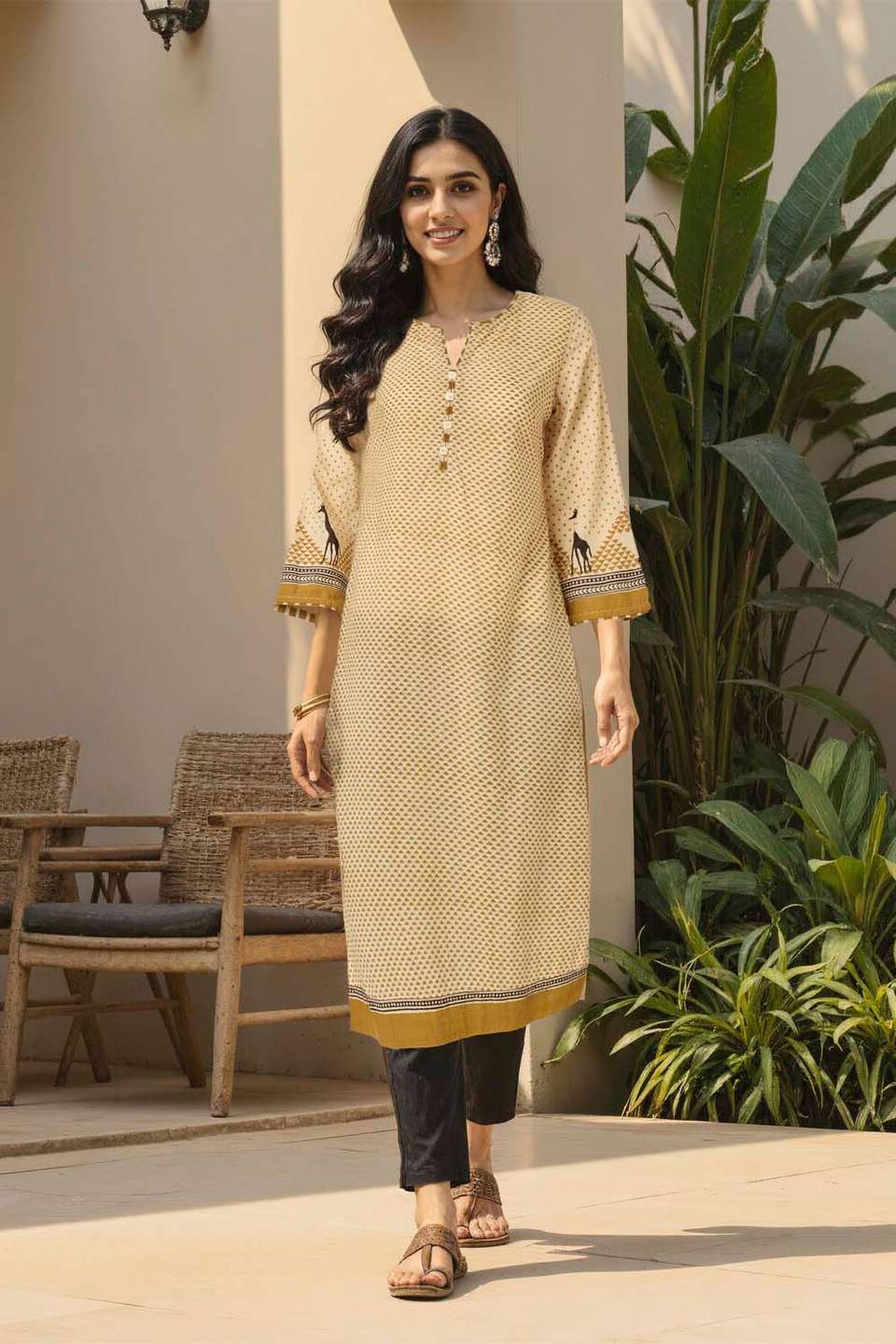 Beige Bagru Block Printed Pure Cotton Kurta Set