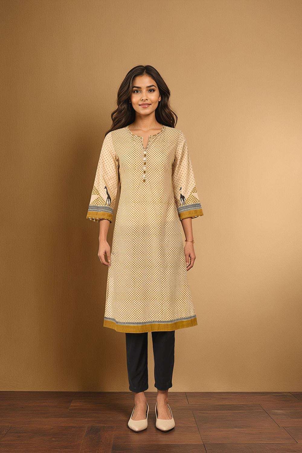Beige Bagru Block Printed Pure Cotton Kurta Set image number null