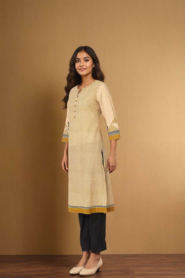 Beige Bagru Block Printed Pure Cotton Kurta Set thumbnail image number null
