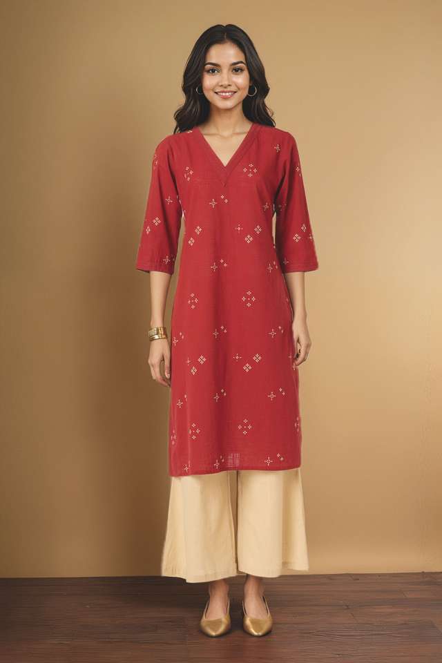 Red Pure Cotton Embroidered Kurta Set thumbnail image number null