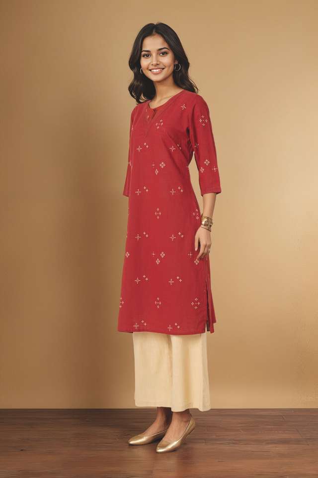 Red Pure Cotton Embroidered Kurta Set thumbnail image number null