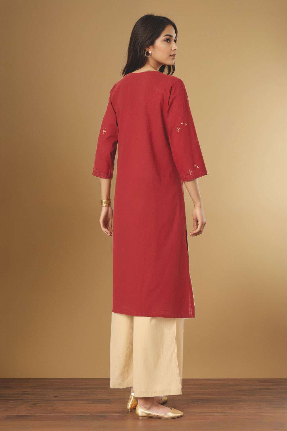 Red Pure Cotton Embroidered Kurta Set image number null