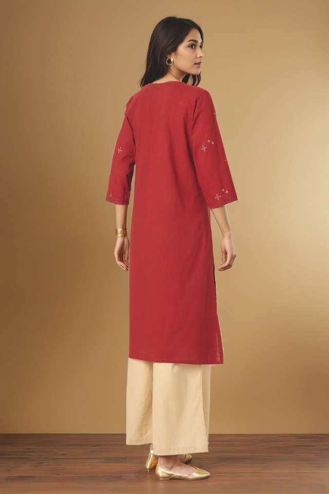 Red Pure Cotton Embroidered Kurta Set thumbnail image number null