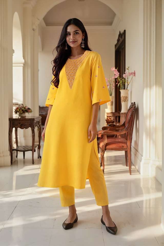 Yellow Embroidery Viscose Cotton Kurta Set image number