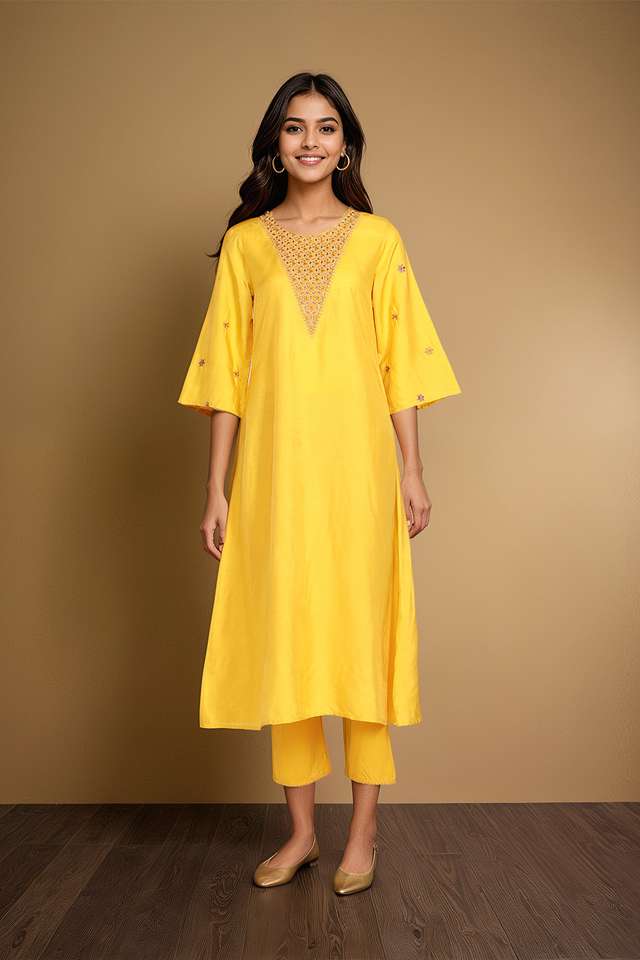 Yellow Embroidery Viscose Cotton Kurta Set thumbnail image number null