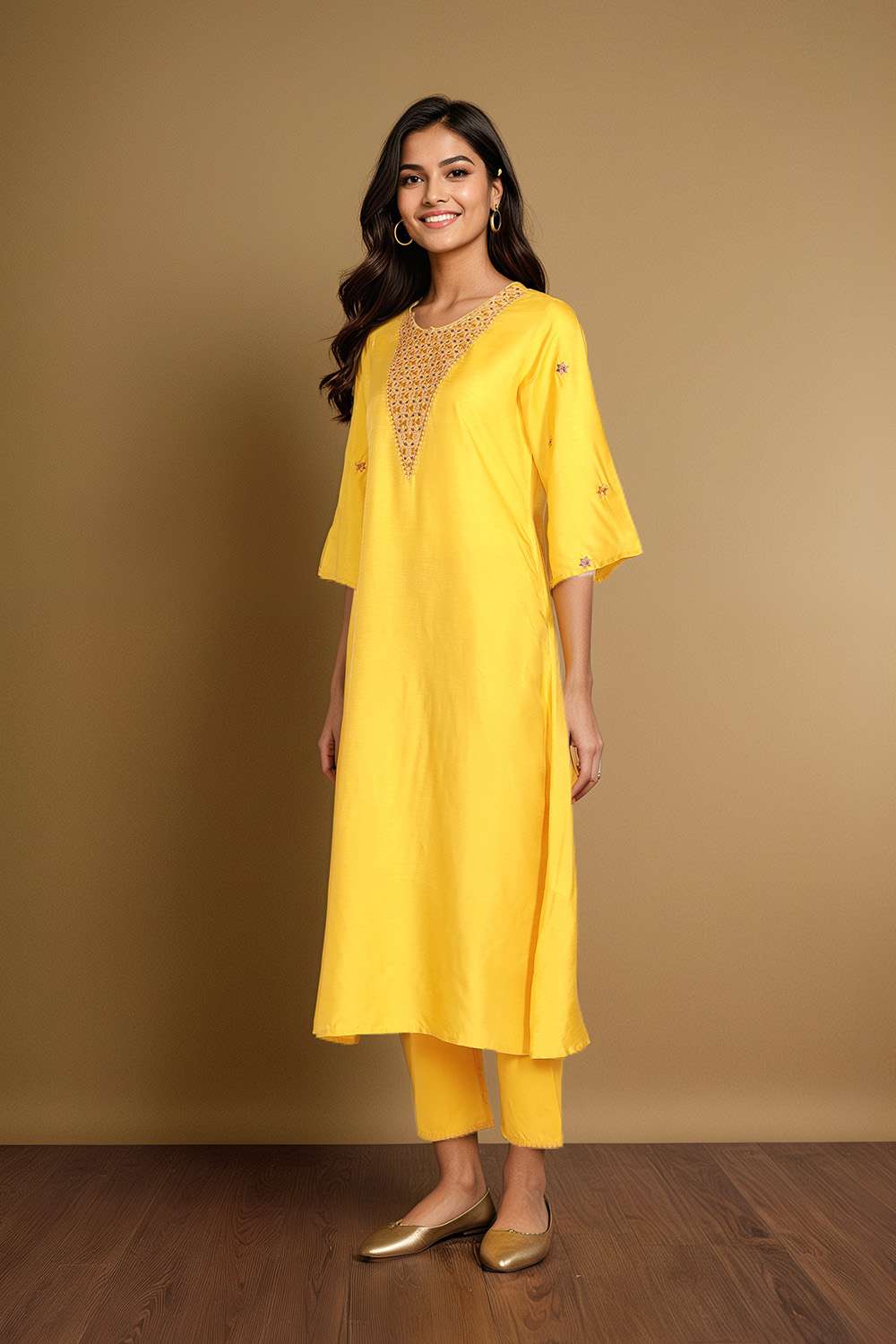 Yellow Embroidery Viscose Cotton Kurta Set image number null