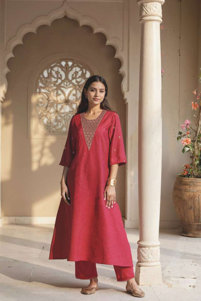 Red Viscose Cotton Embroidered Kurta Set image number