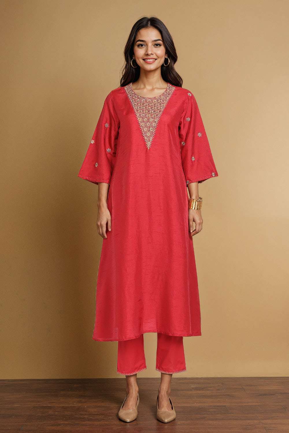 Red Viscose Cotton Embroidered Kurta Set image number null